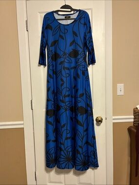 Blue Maxi Dress with Black Floral Motif